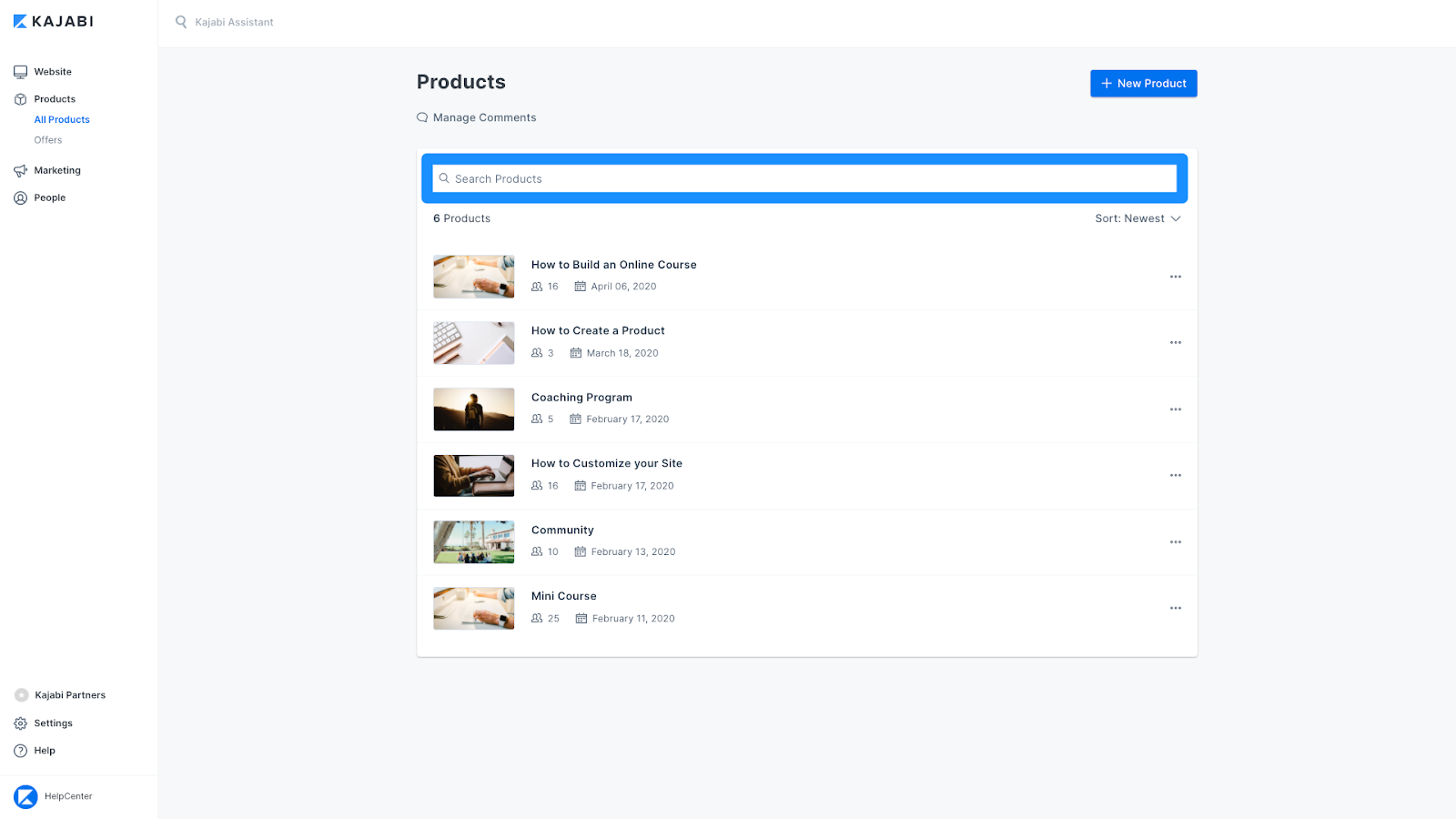 Screenshot of the Kajabi Products sort page