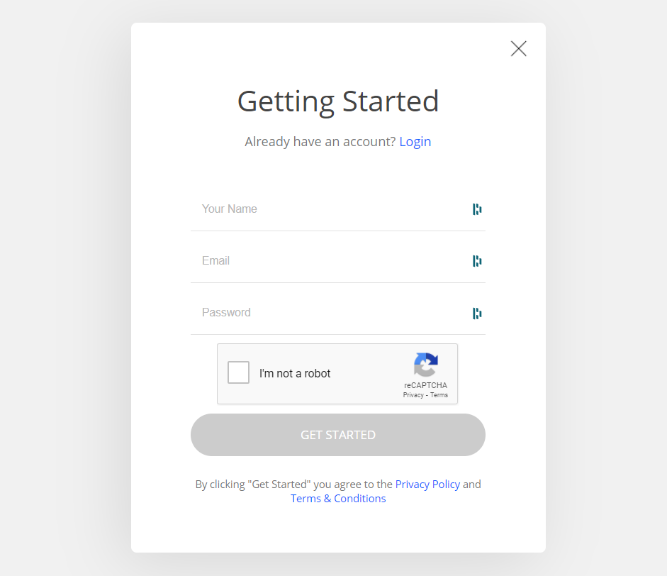 Screenshot of the Clixli getting started form; simple grey and white design asking for name, email, and a password