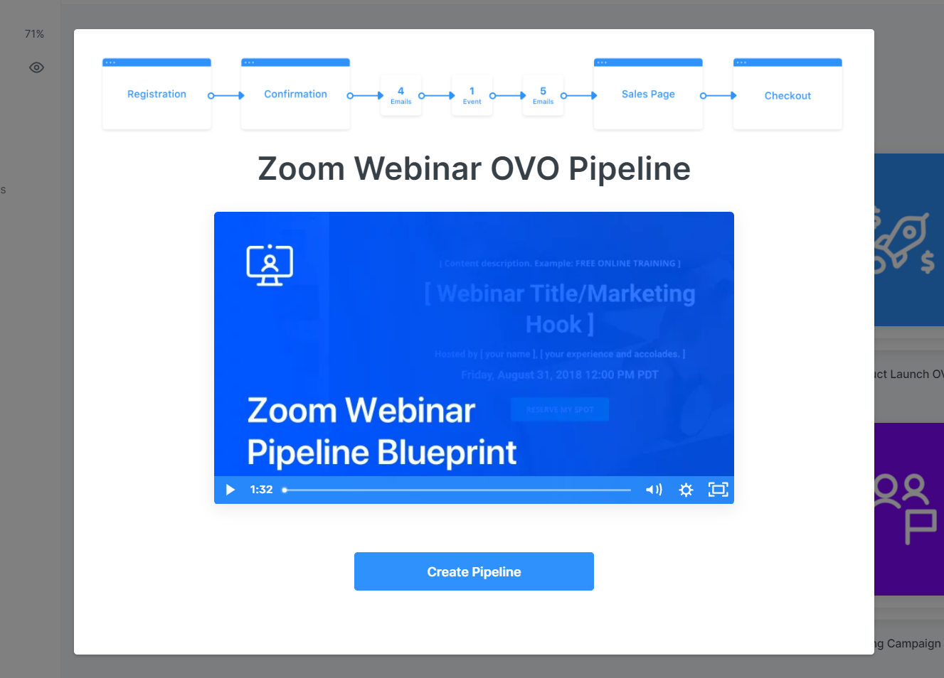 Screenshot of the Kajabi Zoom Webinar offer-value-offer pipeline with four emails, an event, five emails, a sales page, then checkout