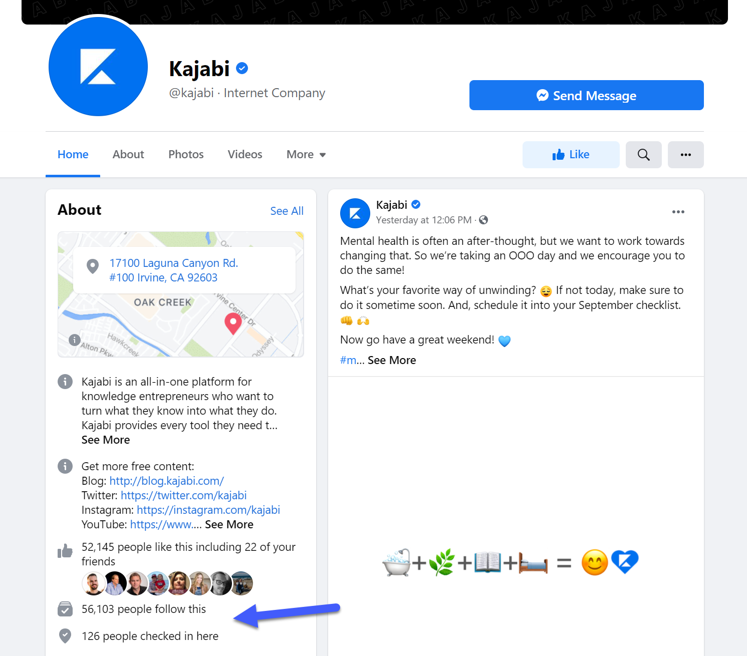 Kajabi Facebook page with 52145 likes and 56103 followers