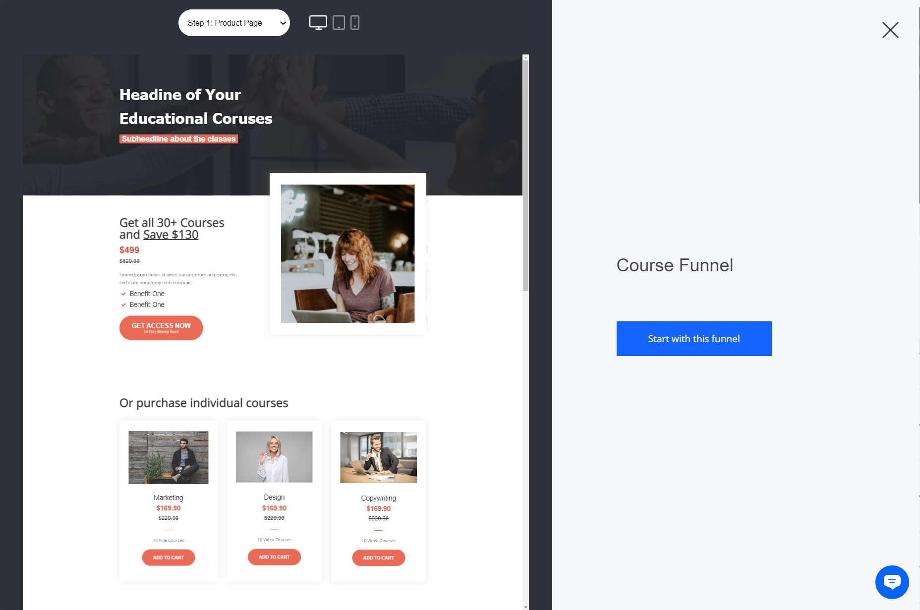 Screenshot of the Clixli Funnel builder with a black, white, and orange design and stock photography