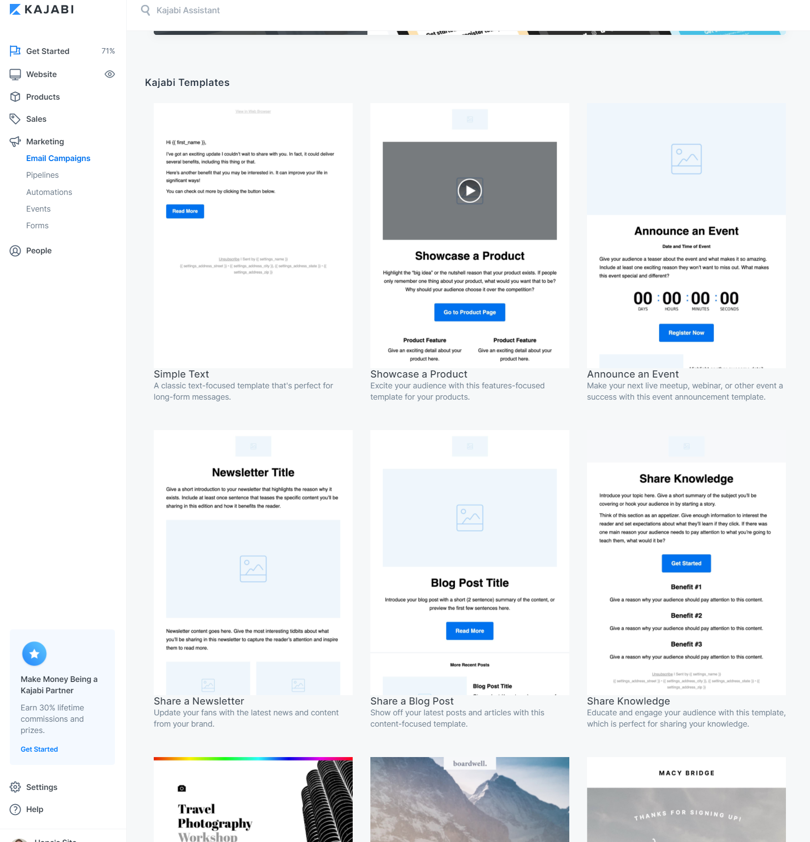 Screenshot of the Kajabi app showing Kajabi email marketing templates