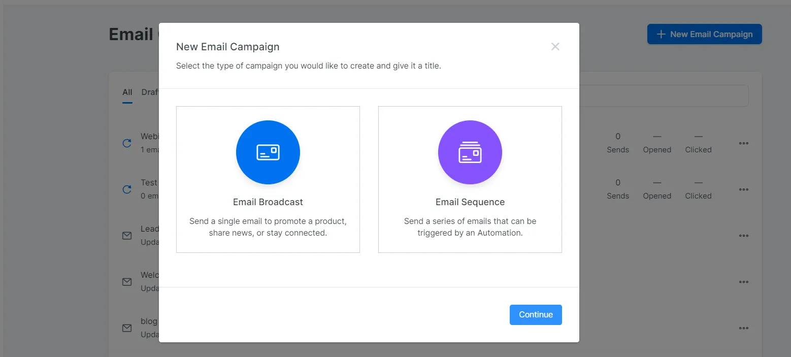 Screenshot of the Kajabi app with two options for an email broadcast or email sequence