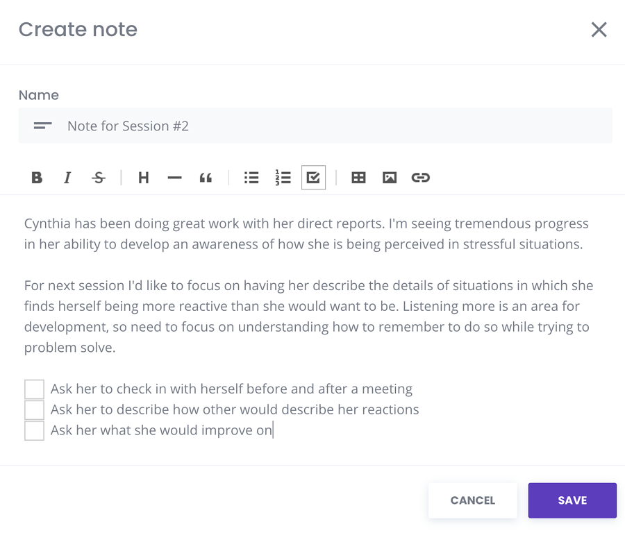 Screenshot of the Coaching.com note taking portal