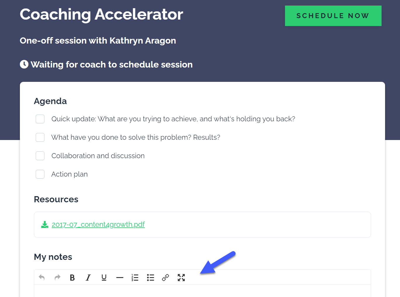 Screenshot of the Kajabi agenda and note taking portal