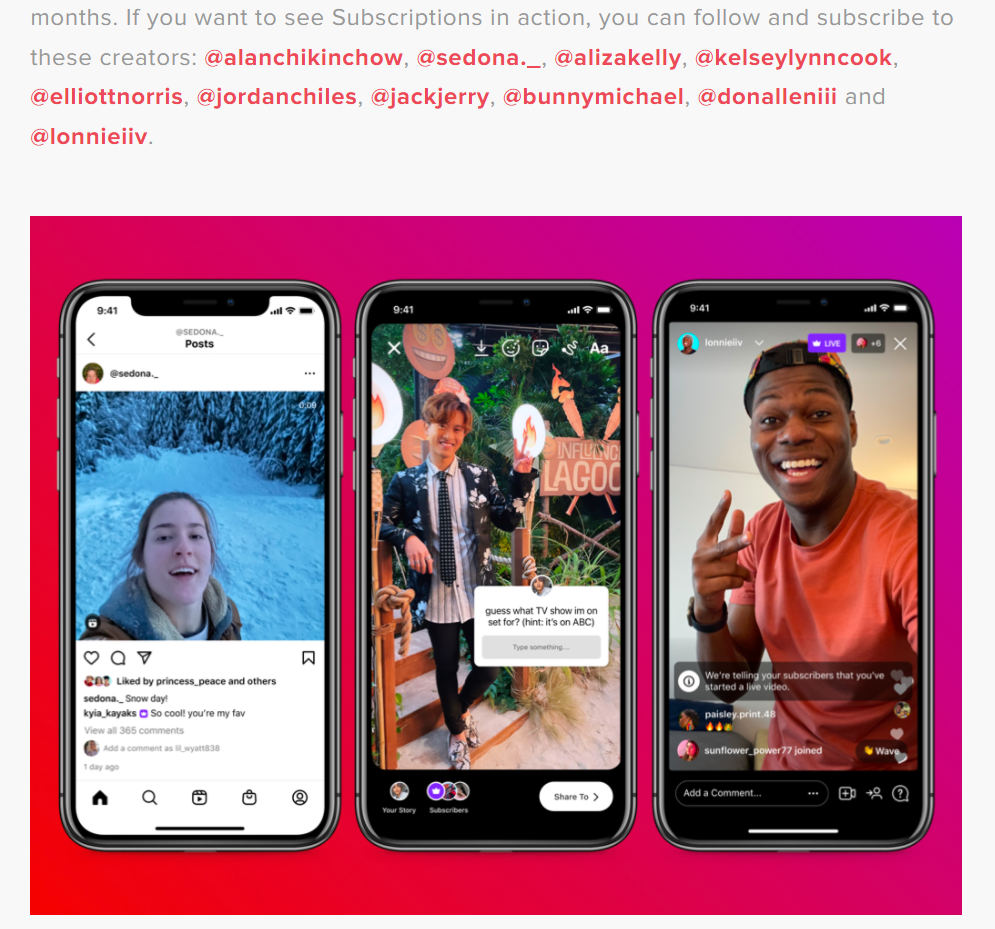 Screenshot of Instagram Subscriptions with the original batch of creators using the feature