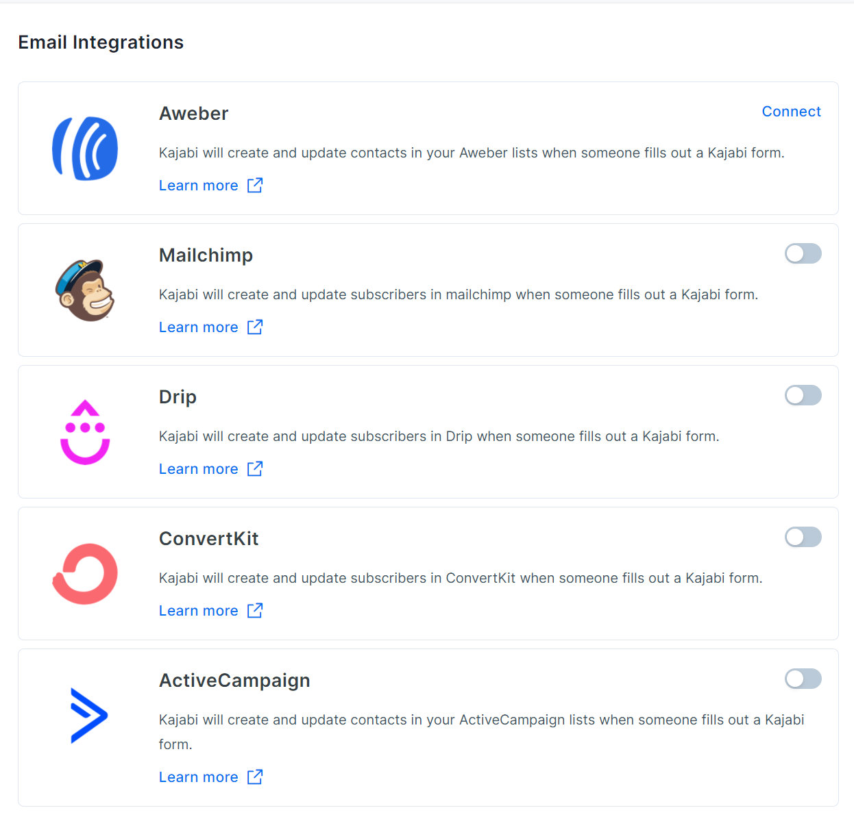 Screenshot of Kajabi email integrations, listing Aweber, Mailchimp, Drip, ConvertKit, ActiveCampaign