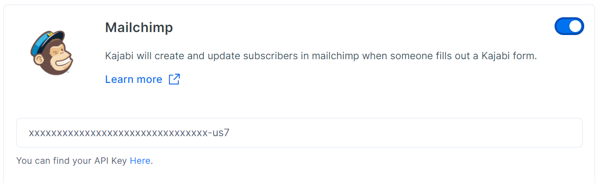 Screenshot showing the setup of the Mailchimp integration with Kajabi