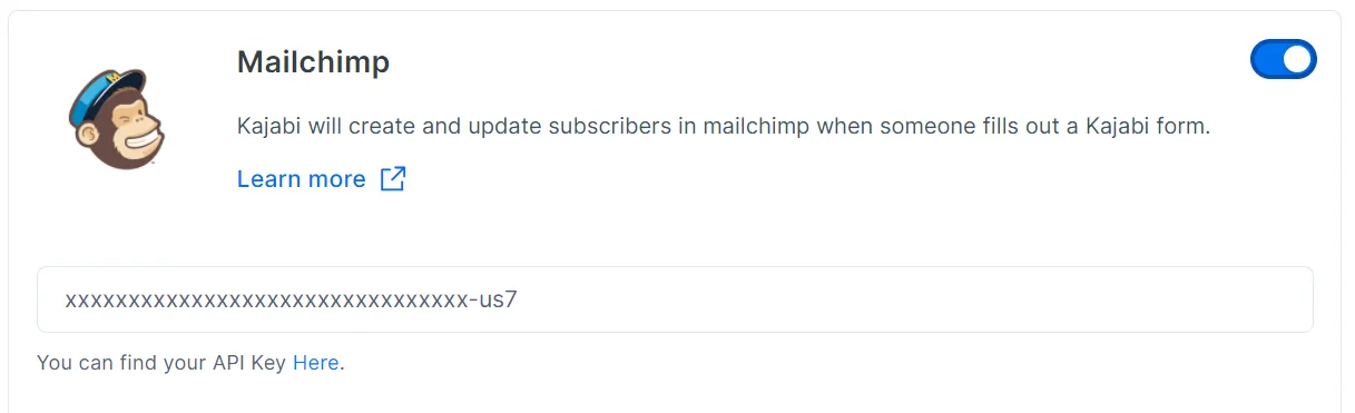 Screenshot showing the setup of the Mailchimp integration with Kajabi
