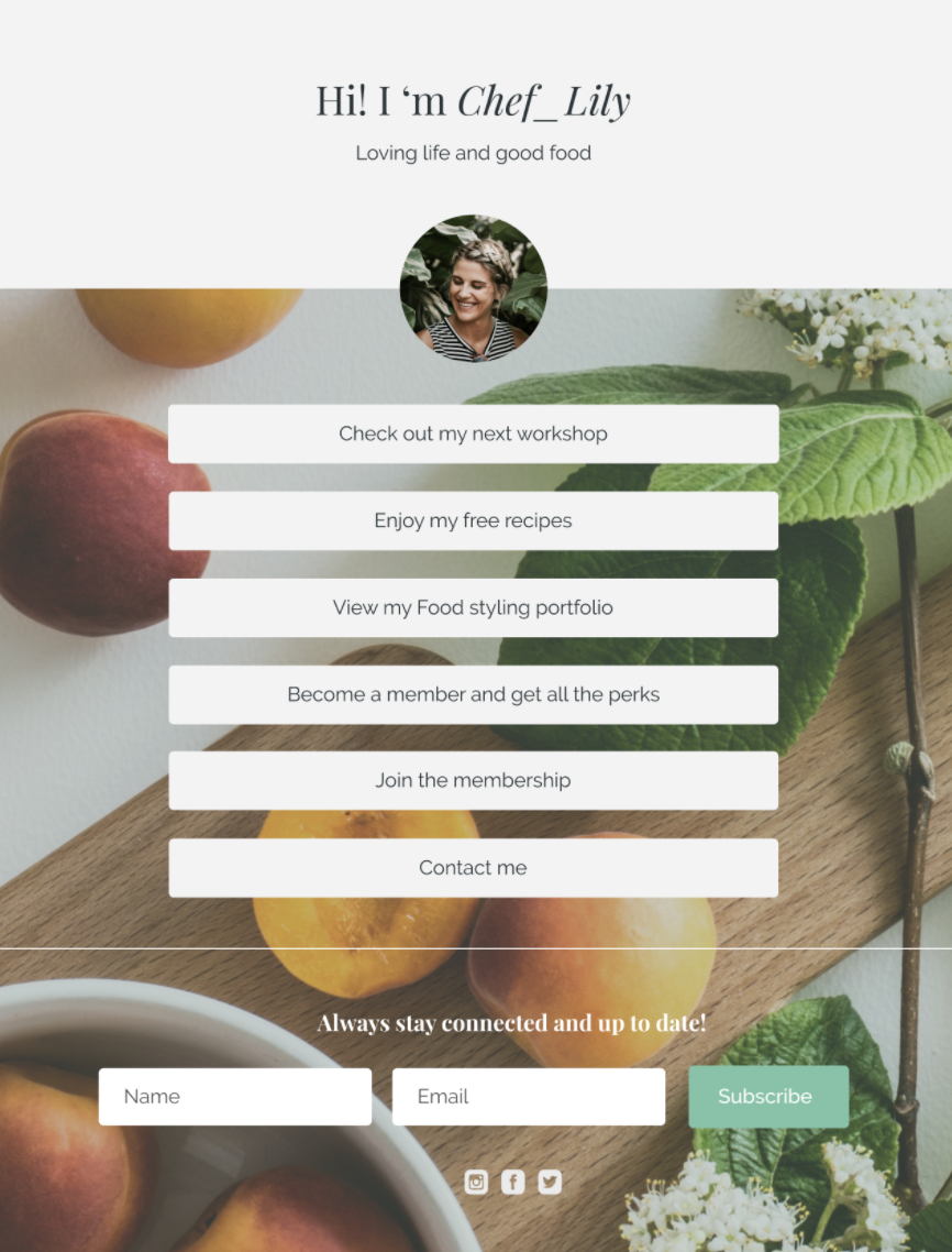 Landing page with an image of peaches on a cutting board and six white buttons