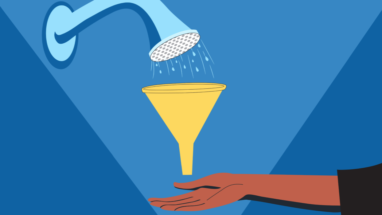 Illustration of a spout pouring into a yellow funnel into a hand on a blue background