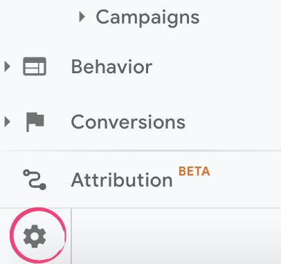 Screenshot of Google Analutics with a pink circle around the gear settings icon