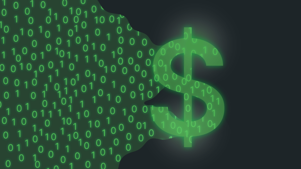 Illustration of a dollar sign in green with 0 and 1 to represent digital marketing