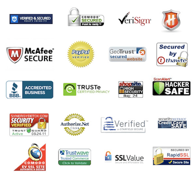Screenshot of security seals like McAfee, BBB, PayPal Verified, and SSL certificates