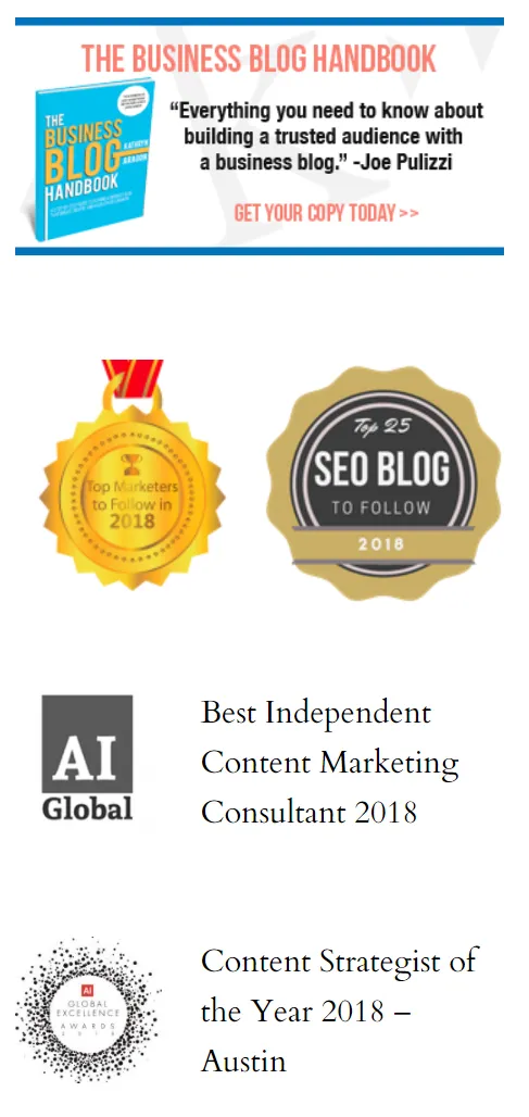 Screenshot of a website with a blog handbook and seals of four awards