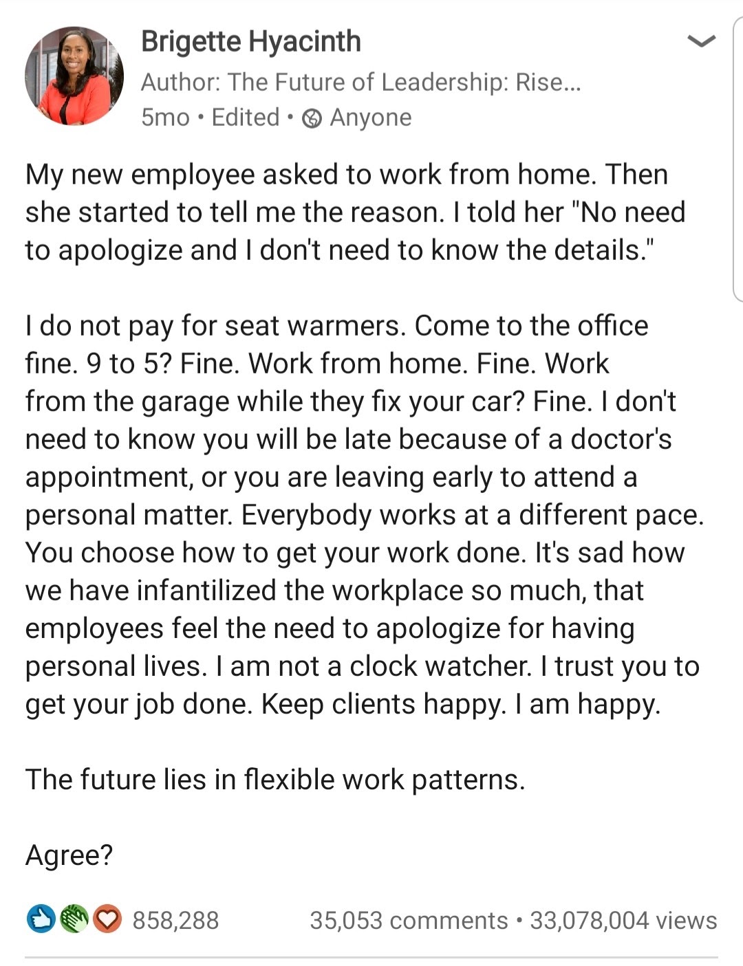 Screenshot of a LinkedIn post from Brigette Hyacinth detailing management with millions of views
