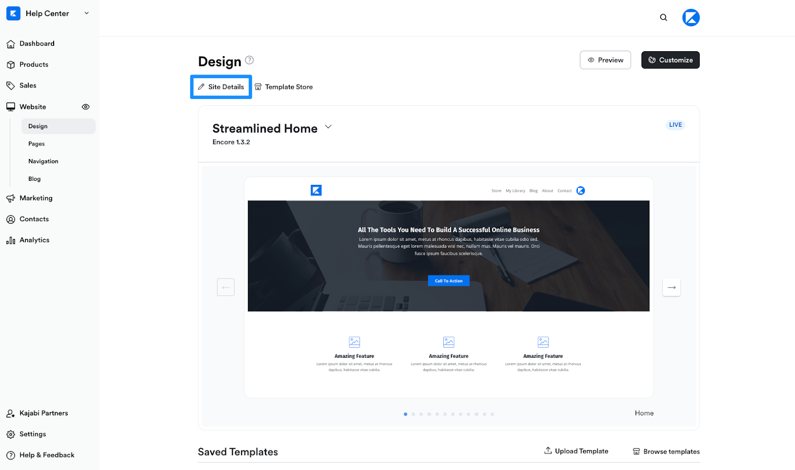 Editing a predesigned website template on Kajabi