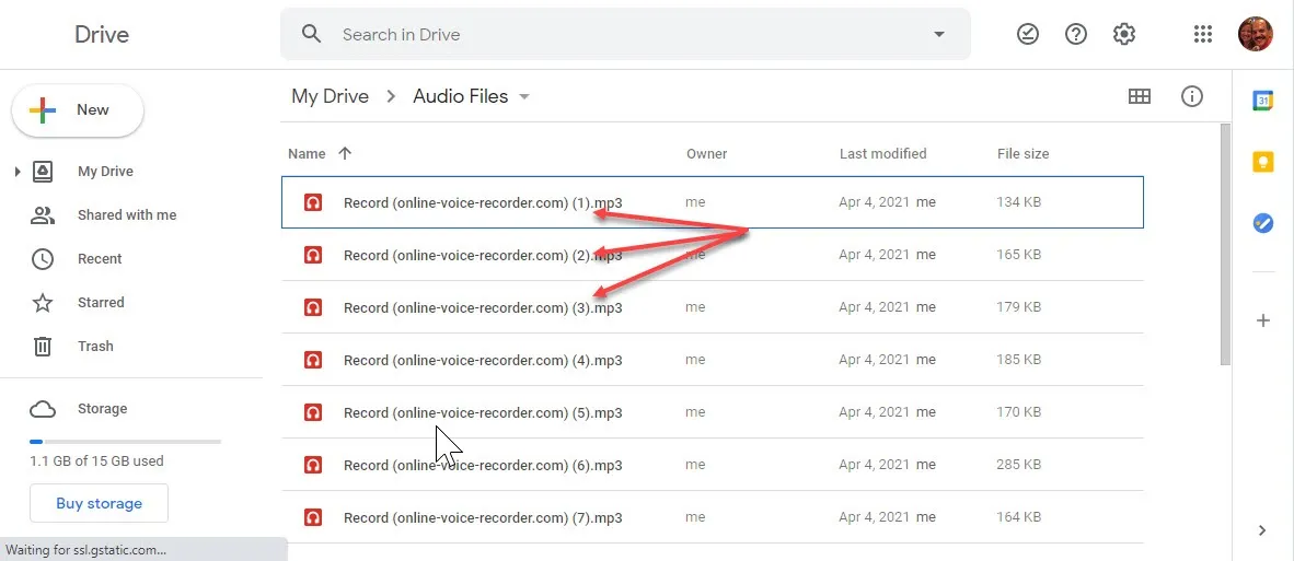 Screenshot of how to upload audio files to Google Drive