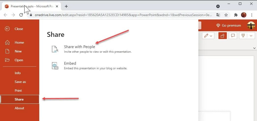 Screenshot of how to share a PowerPoint presentation