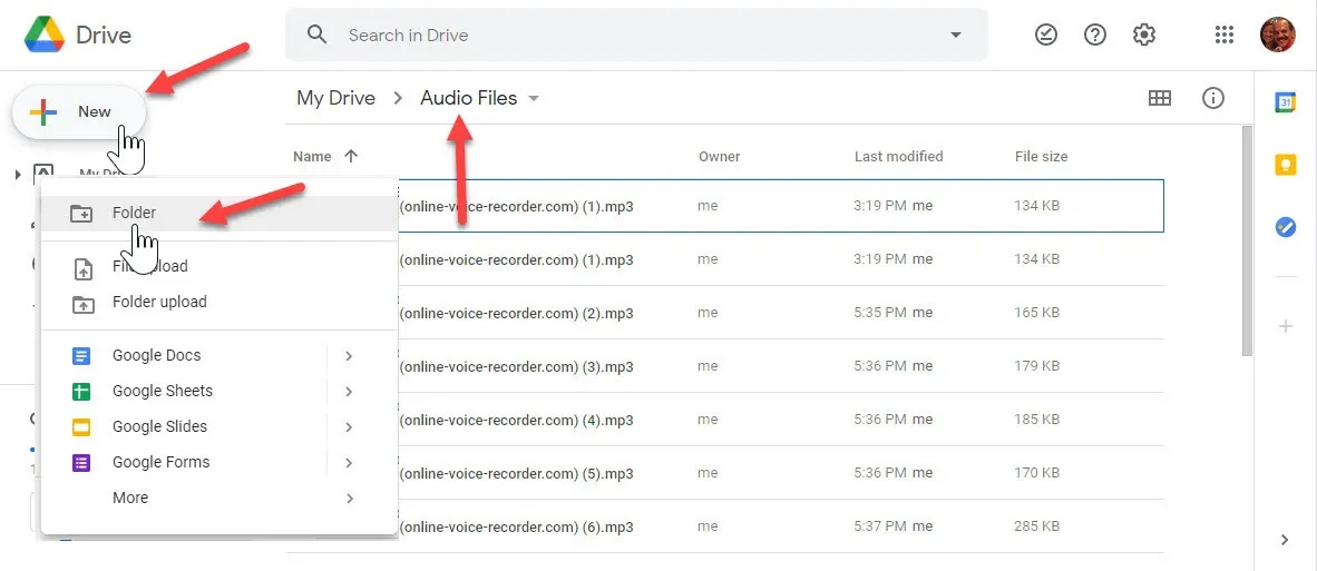 Screenshot of how to upload audio files to Google Drive