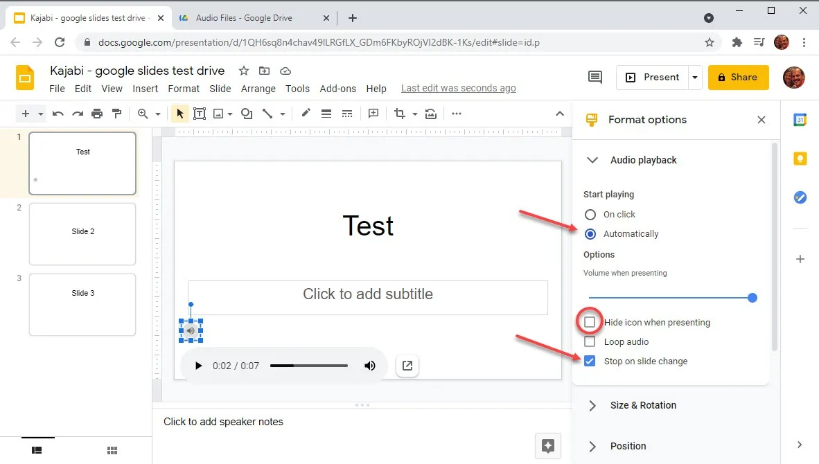 Screenshot of how to upload audio files to a Google Slide presentation