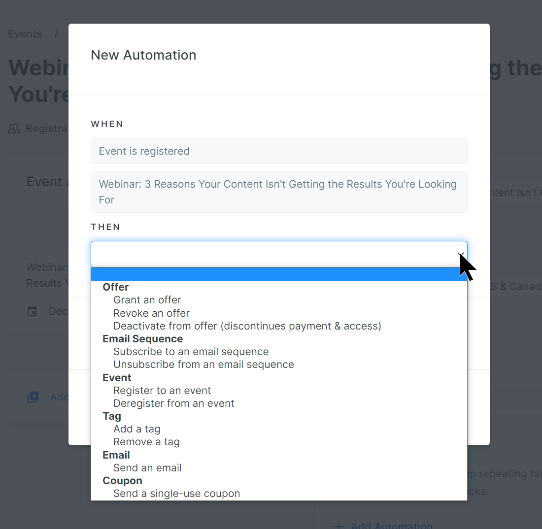 Screenshot of the Kajabi app showcasing automation options like granting offers, putting in email sequences, adding or removing tags, or sending a coupon