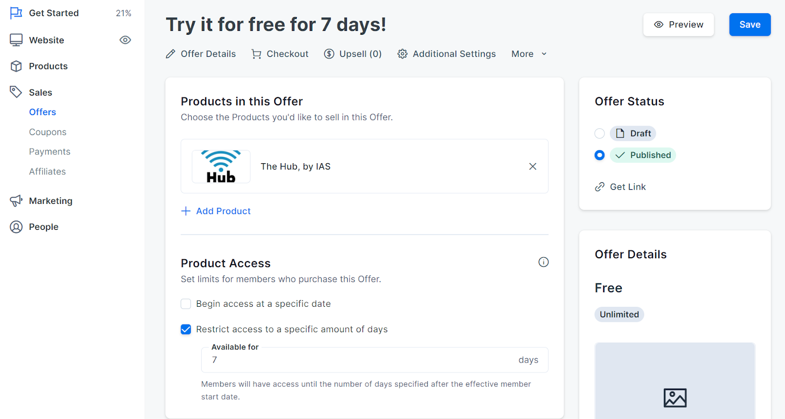Screenshot of the Kajabi app showing a free trial offer for 7 days
