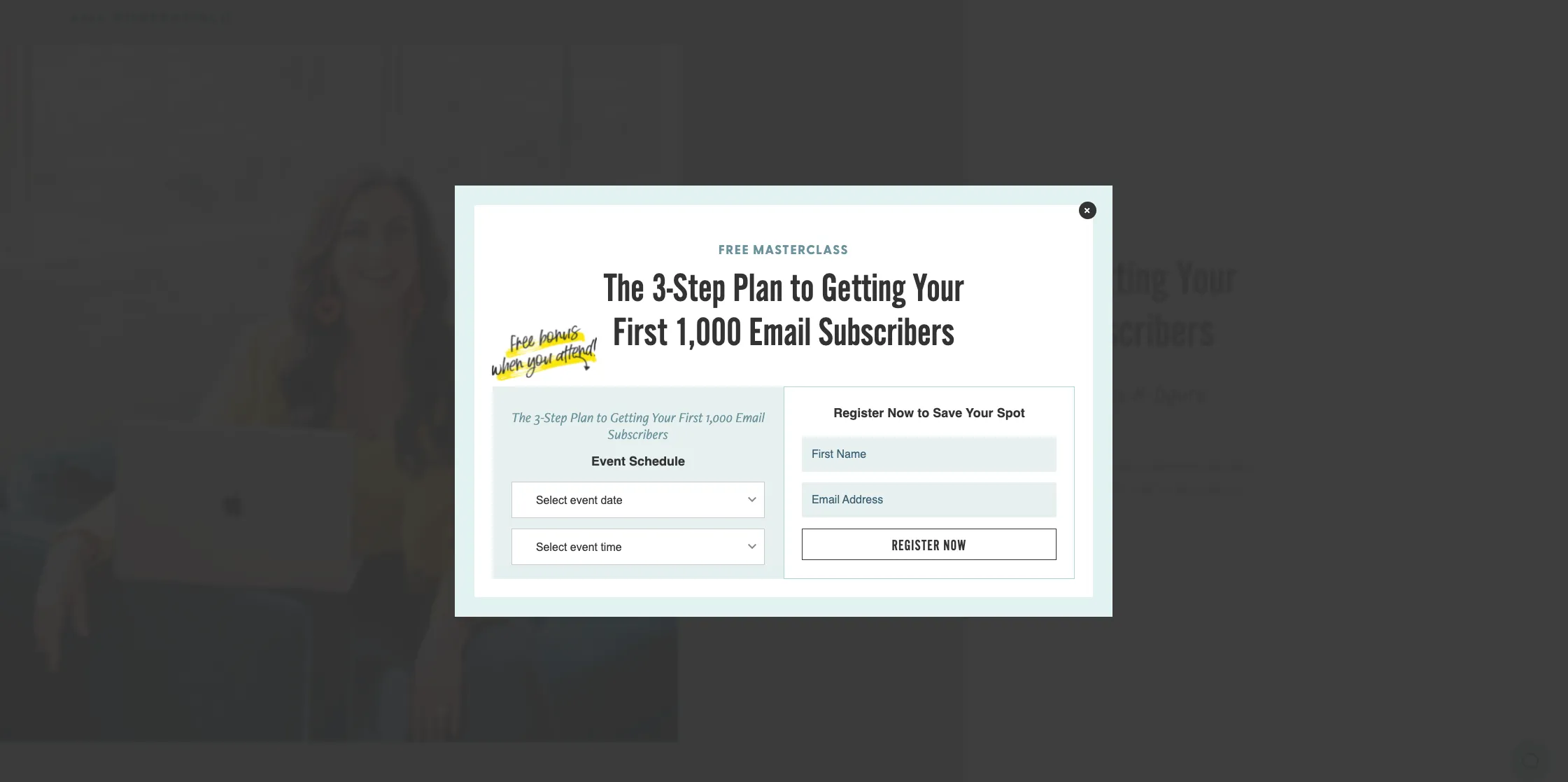 Amy Porterfield's website with a popup for a free masterclass 3-step plan to get your first 1,000 email subscribers,