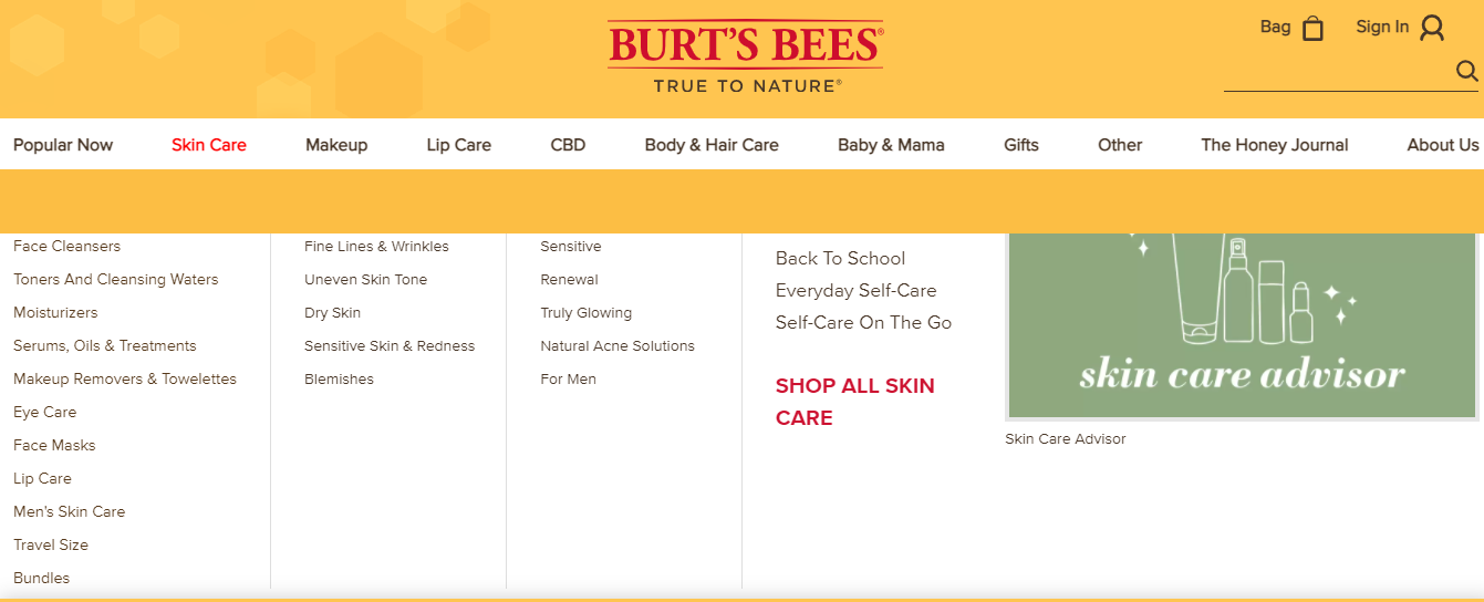 Screenshot of the Burt's Bees website with yellow and white design
