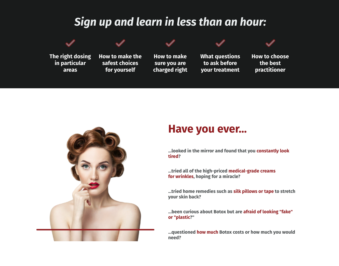 Webinar landing page with copy about learning about botox