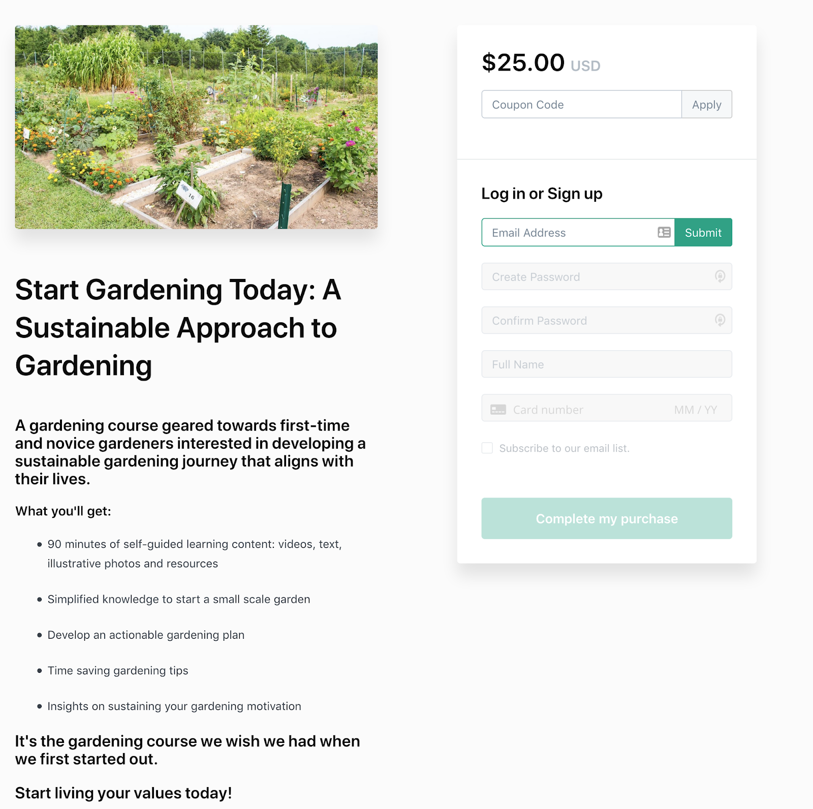 modern sales page promoting a sustainable gardening course