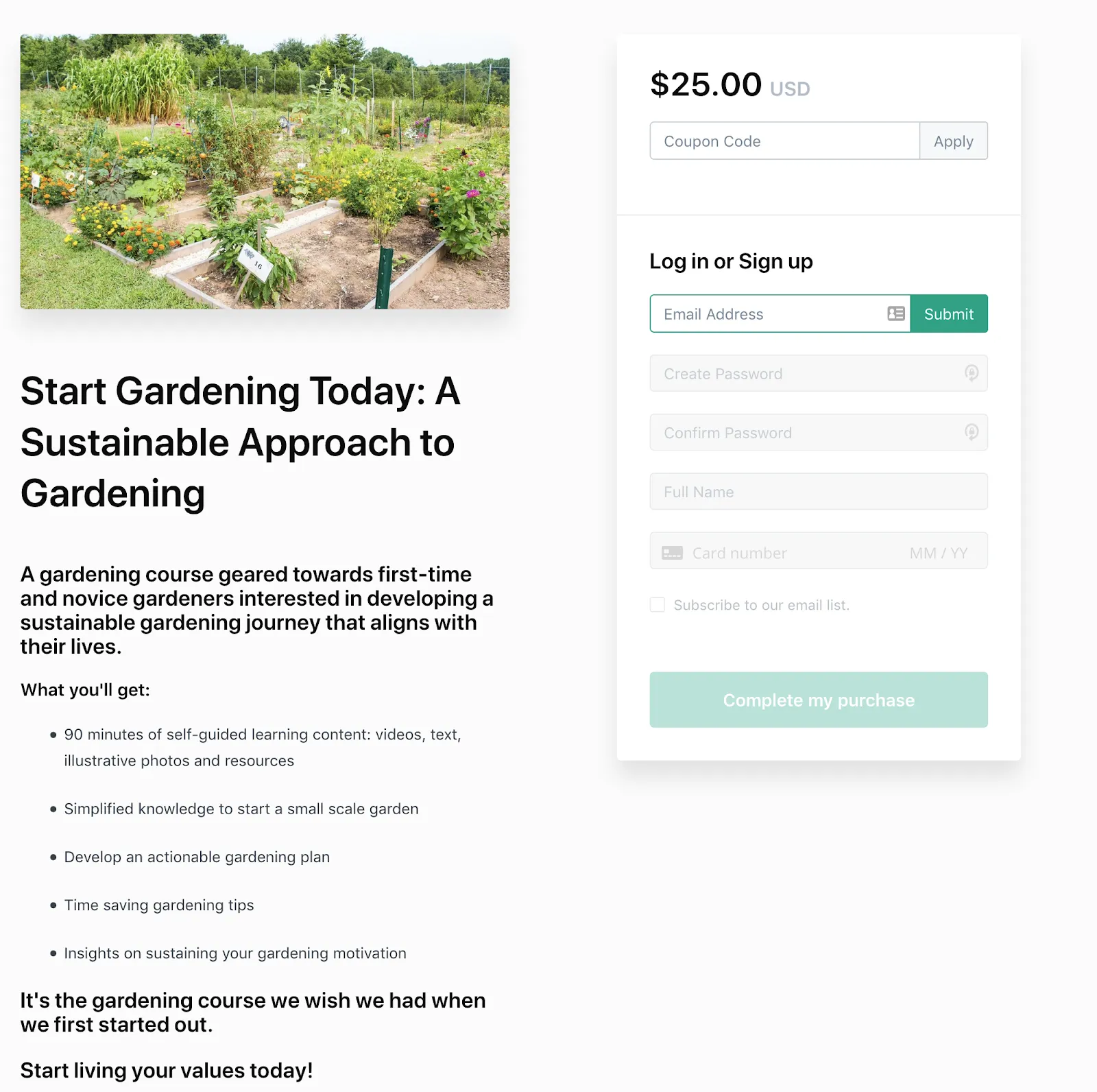 modern sales page promoting a sustainable gardening course