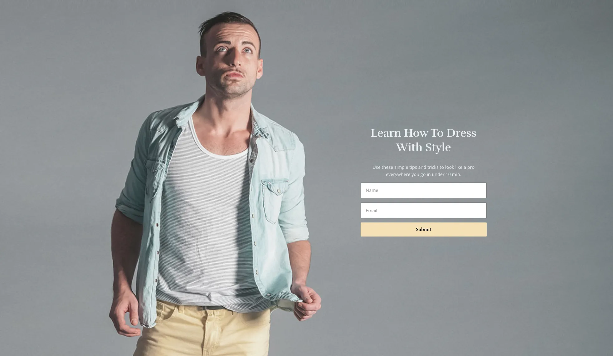 Landing page with a large hero image of a young man wearing trendy clothing, looking off in the distance