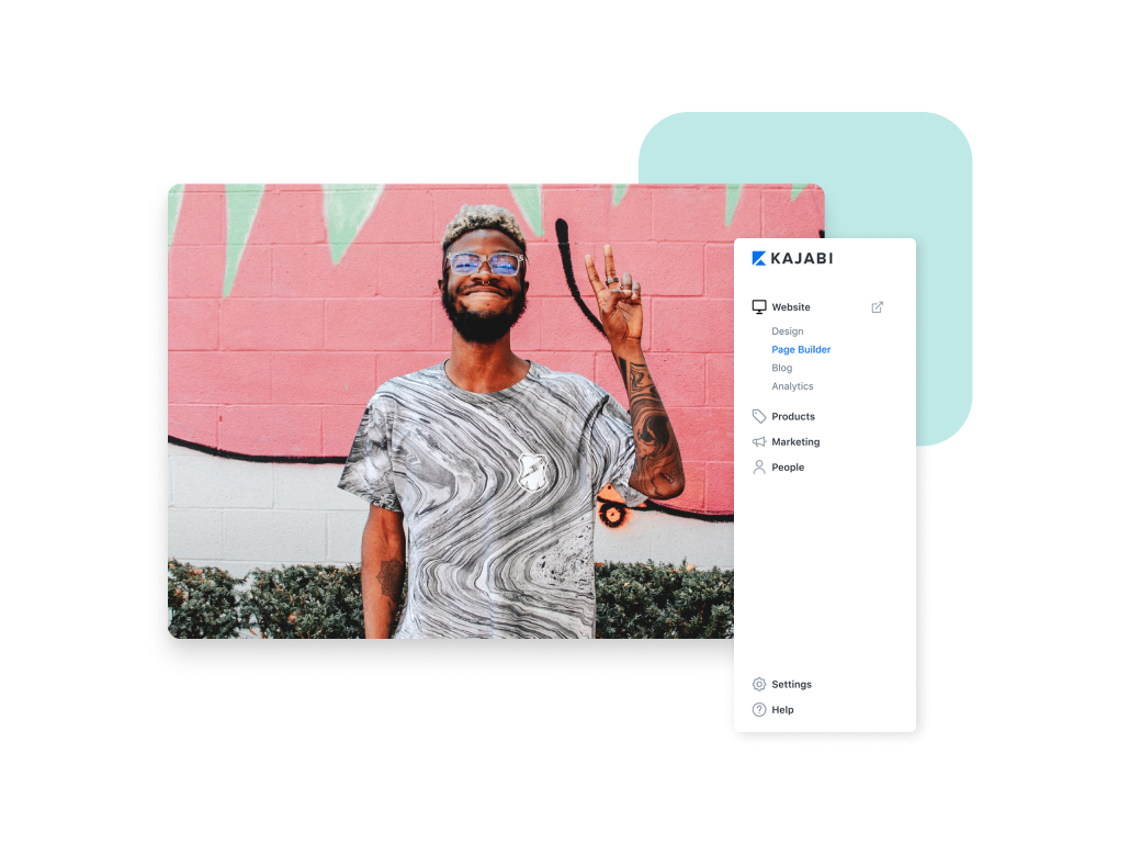 Person giving the "peace sign" next to the Kajabi interface