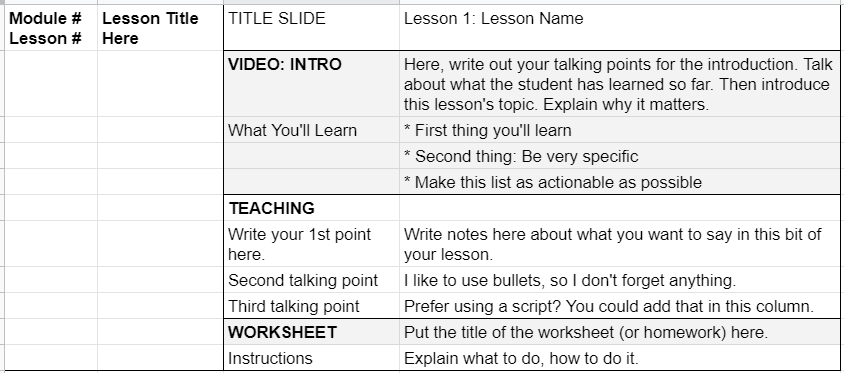 Spreadsheet that has an outline of an online course
