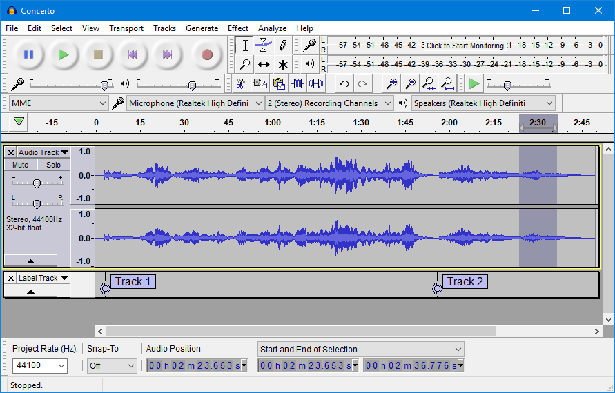 Screenshot of the Audacity music editing software