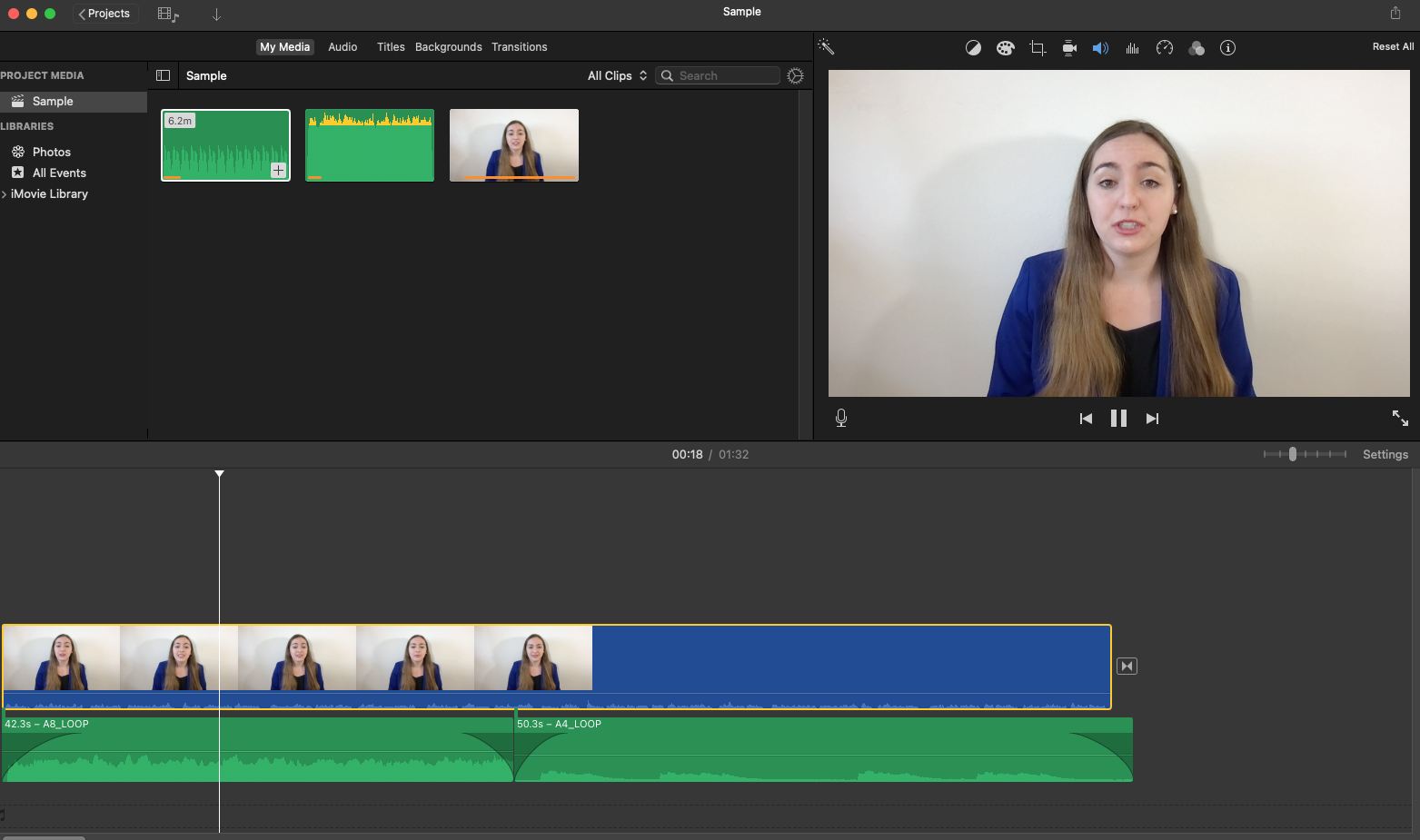 Screenshot of iMovie working on a video project with multiple audio clips and a video clip