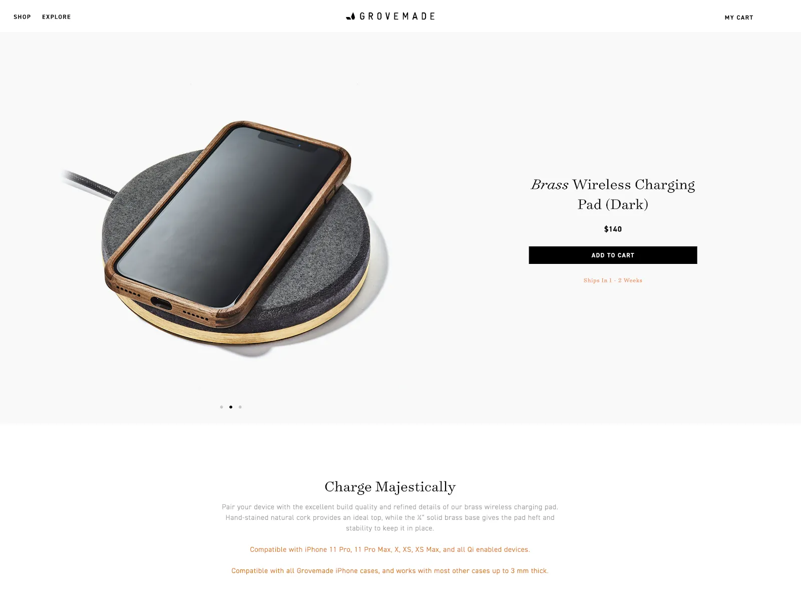 Product page for a wireless charging pad on the Grovemade website