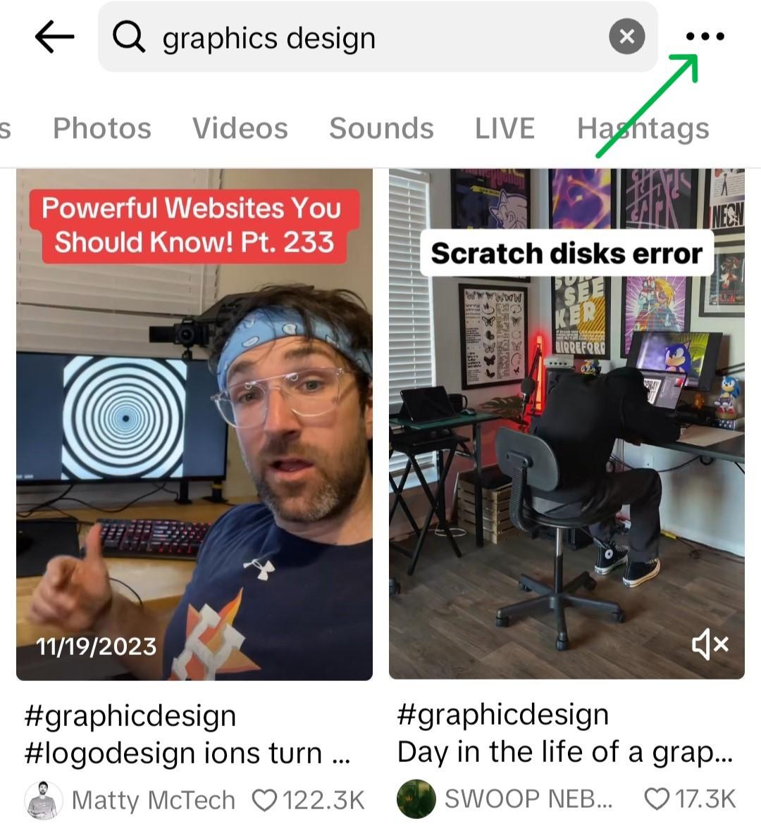 Searching for "graphic design" on TikTok with a green arrow pointing to the menu