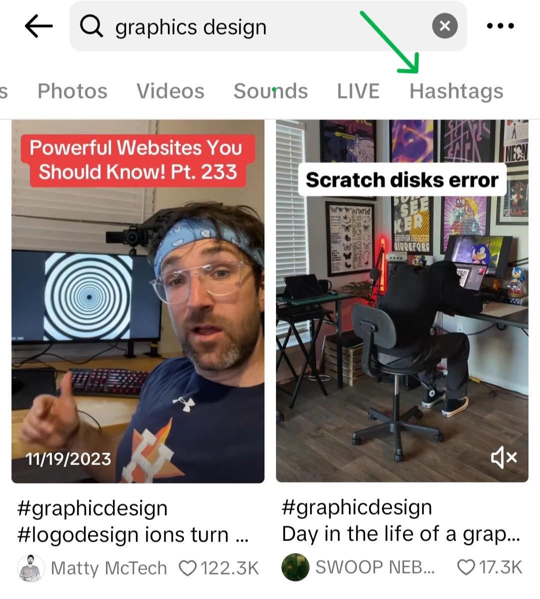 Searching for "graphic design" on TikTok with a green arrow pointing to the hashtags tab