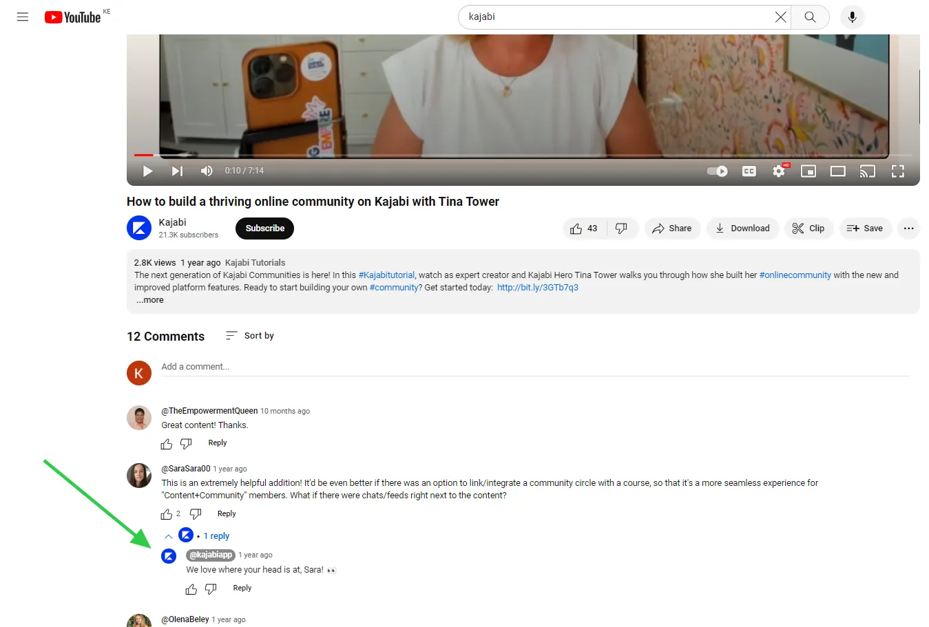 Comments section of a Kajabi YouTube video.