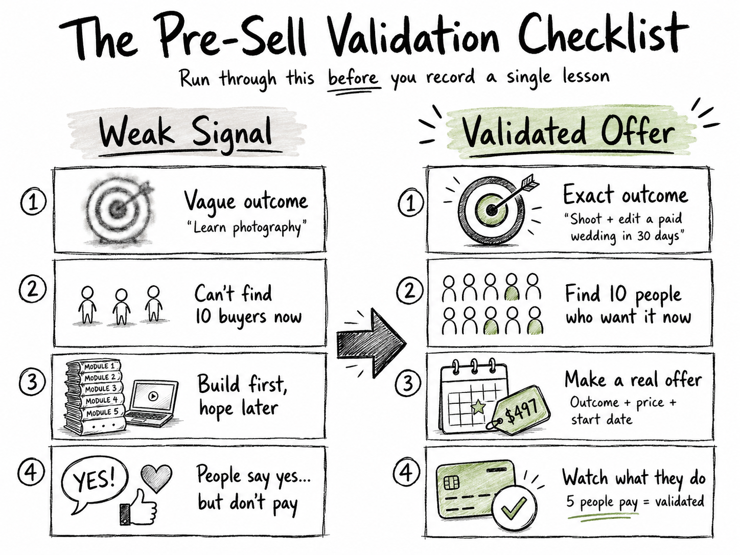 Pre-sell validation checklist infographic showing four steps to validate an online course idea before building it, including defining an exact outcome, finding 10 buyers, making a real offer with a price and start date, and confirming payment