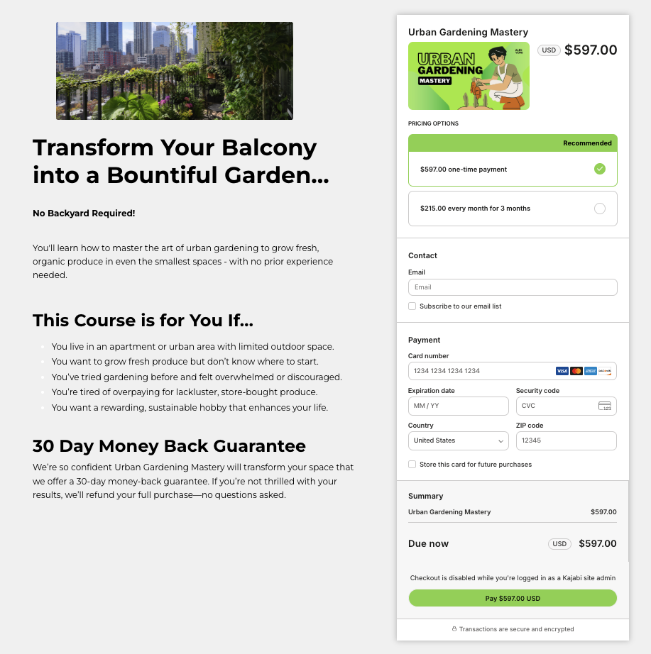 Kajabi checkout page for an online course called Urban Gardening Mastery showing a one-time payment option of $597 and a 3-month payment plan with a 30-day money-back guarantee