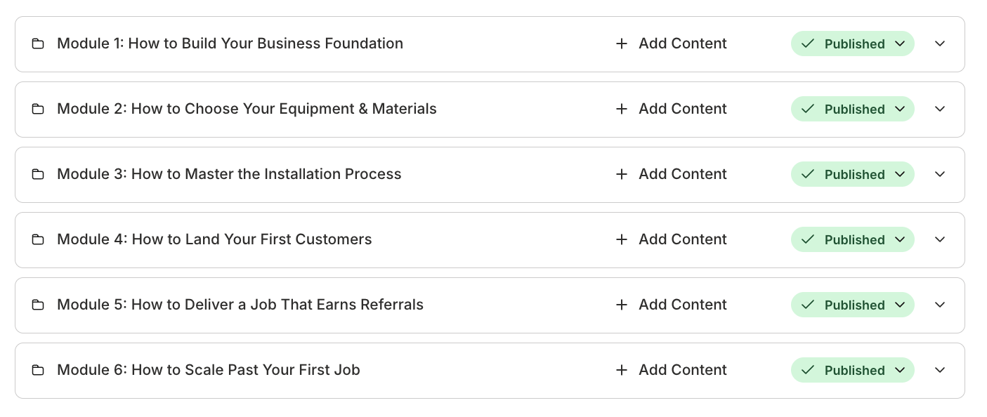 Kajabi course builder interface showing six published modules for a business foundation course, including topics like landing first customers, equipment selection, and scaling