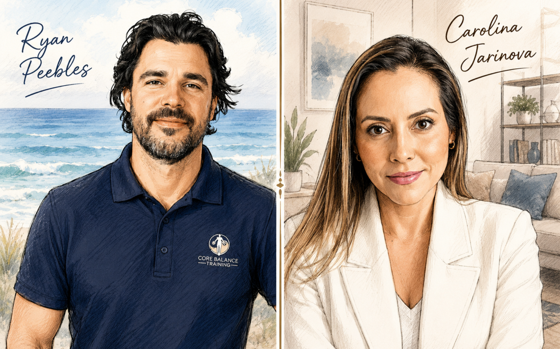 Illustrated split portrait of course creators Ryan Peebles, founder of Core Balance Training, set against an ocean backdrop, and Carolina Jarinova in a white blazer with a home office setting, styled in watercolor