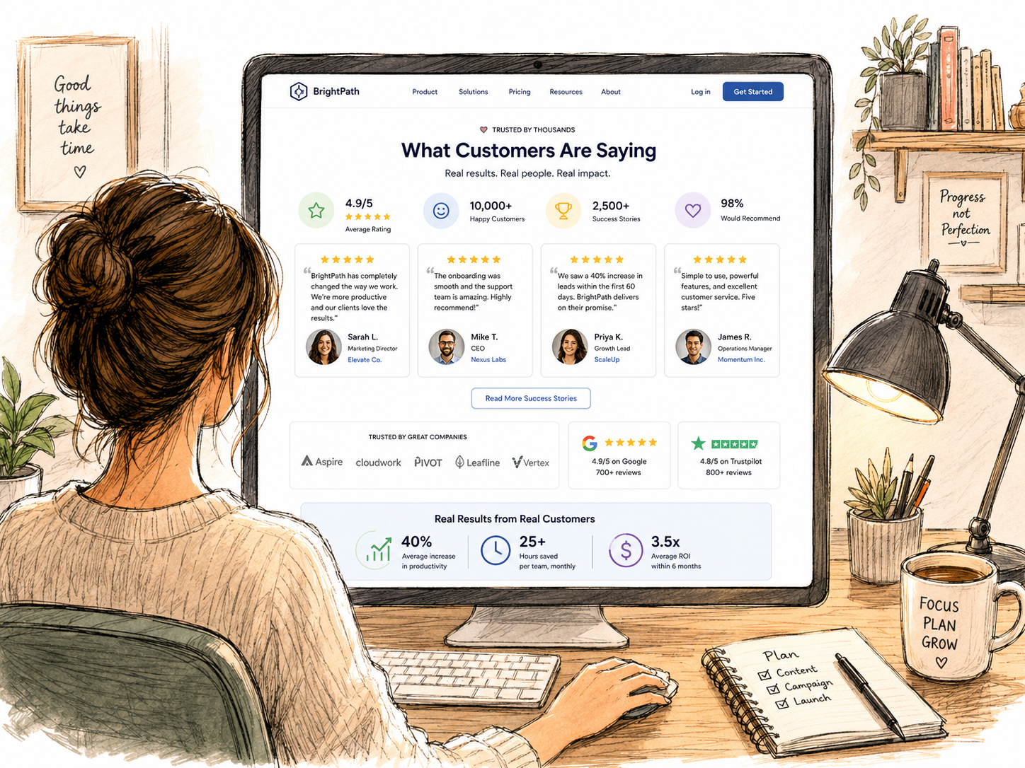 Expert online course creator looking at her computer screen full of customer testimonials, star ratings, and social proof stats showing 10,000+ happy customers and 98% recommendation rate