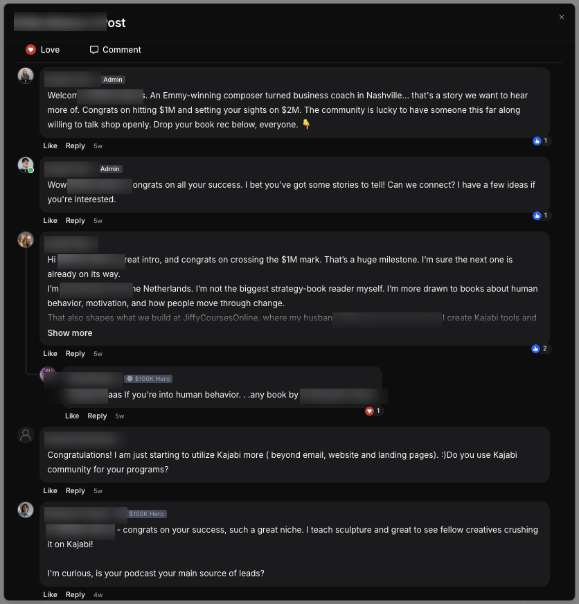 Screenshot of Kajabi Hero Community engagement thread where members with blurred names congratulate a course creator on hitting $1 million in revenue and discuss growth strategies