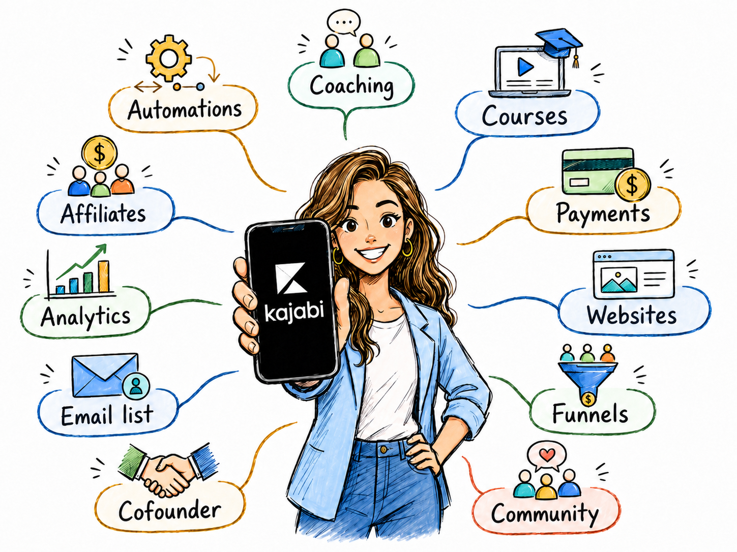 Infographic showing a woman presenting Kajabi platform features for building and selling online courses, including courses, email marketing, community, and funnels