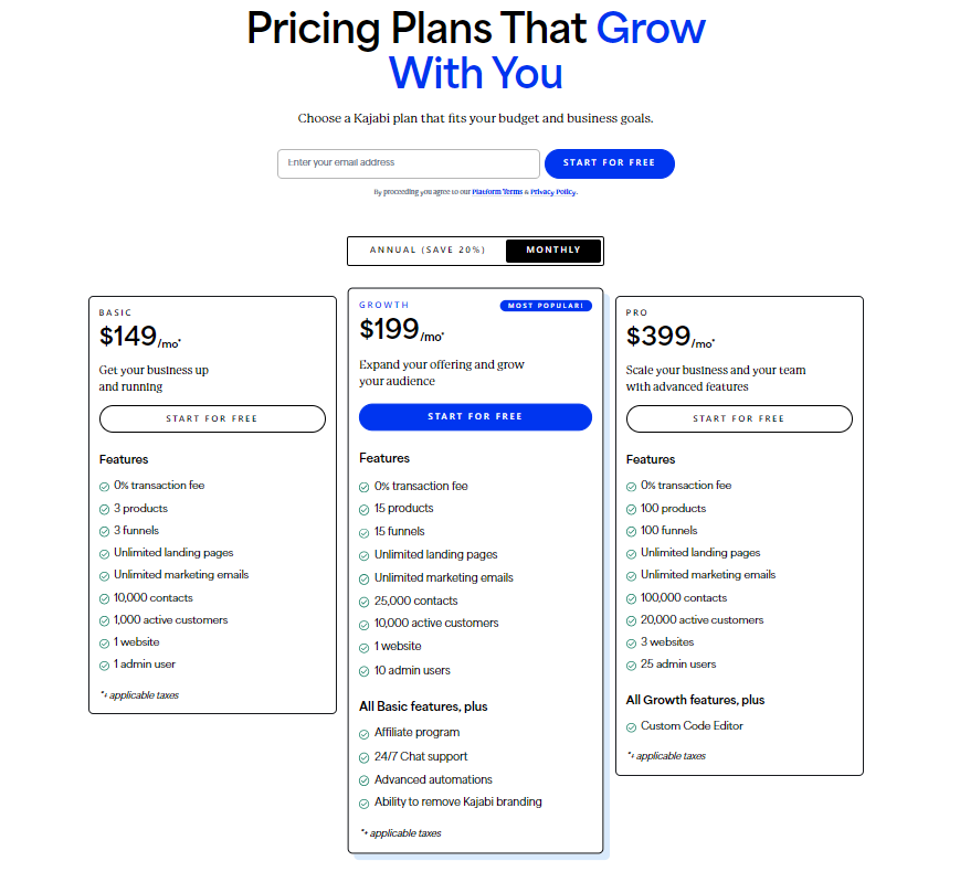Kajabi's plans and pricing