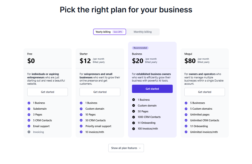 Durable's plans and pricing
